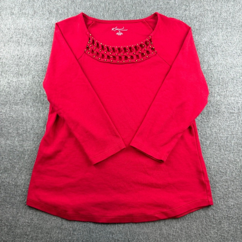 Kim Rogers Top Women's Medium Red Beaded Lattice Neck Long Sleeve Cotton